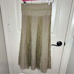 Y2K J.Lee Tan Khaki Green Floral Lace Striped Pleated Maxi Skirt Sz M Fairycore